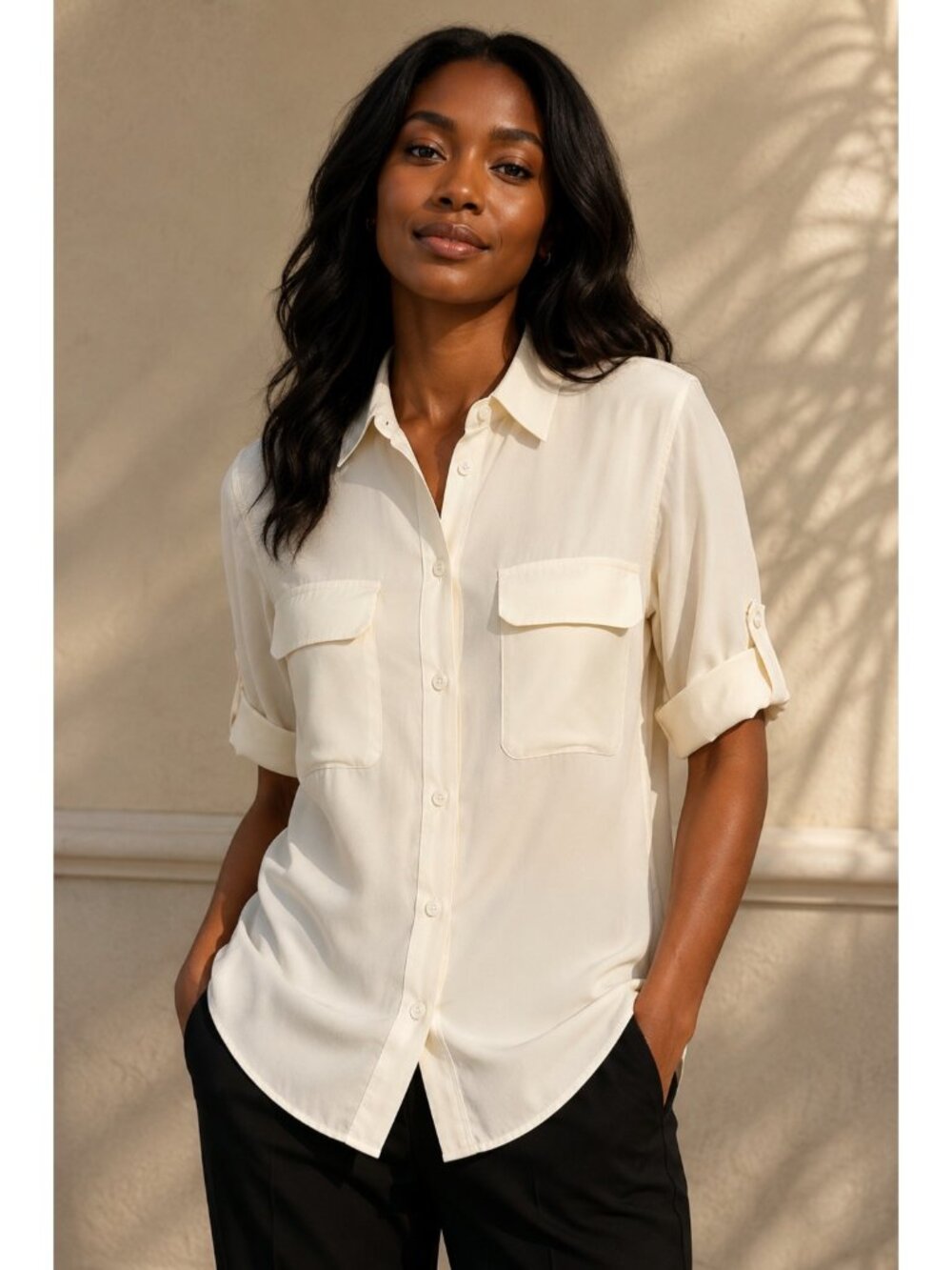 Equipment Femme 100% Silk Ivory Button Front Pocket Blouse Top Small S